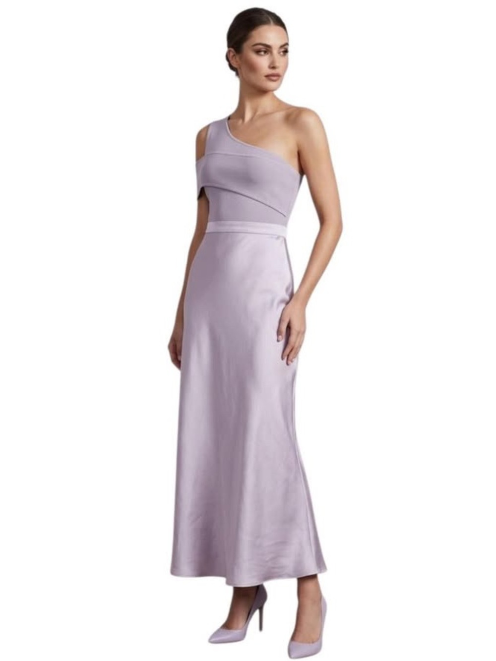 NWT Ted Baker Ivena Lilac Asymmetric knit bodice Dress With Satin Silk